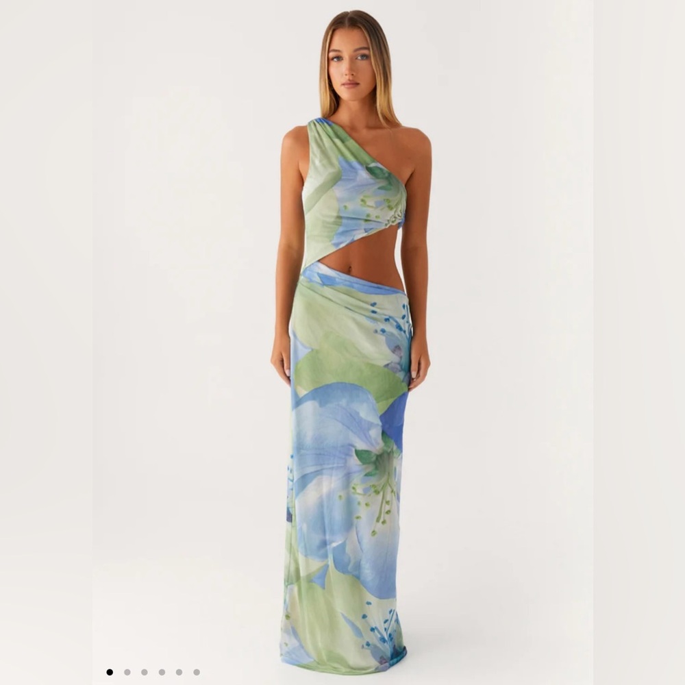 Peppermayo Blue Green One-Shoulder Cutout Maxi Dress
